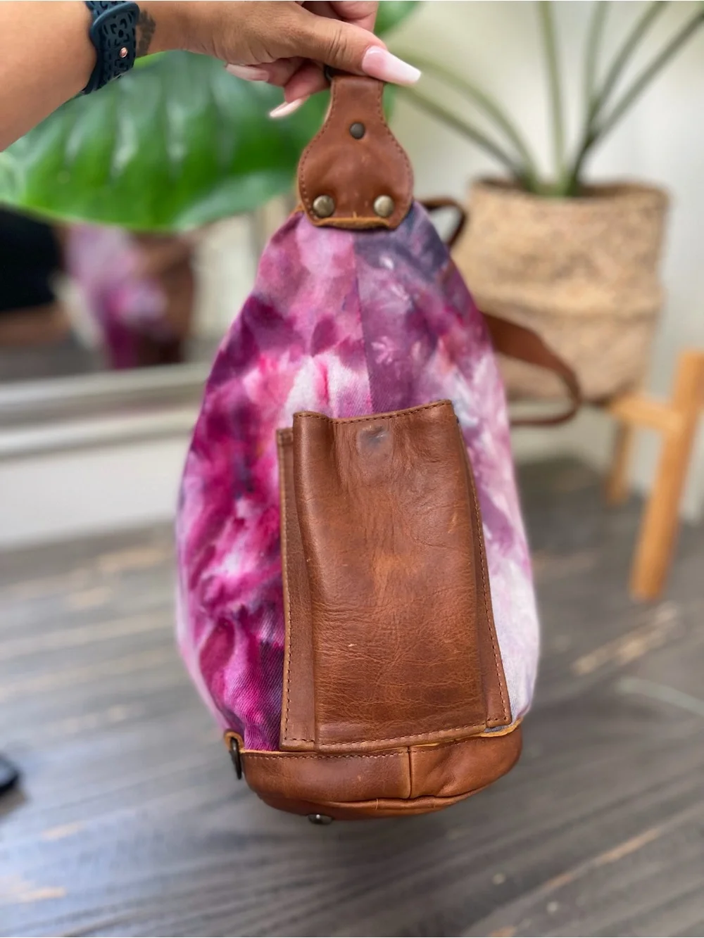 Nena & Co. Pink and Purple Tie-Dye Canvas Tote with Brown Leather Trim
